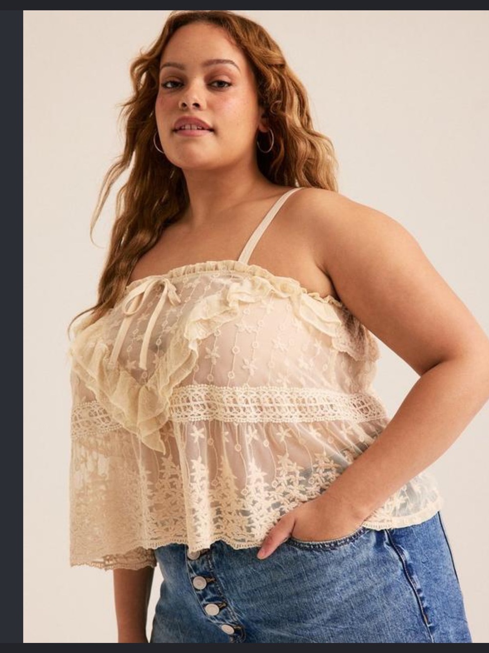 torrid Cream Lace Ruffle Spaghetti Strap Cami